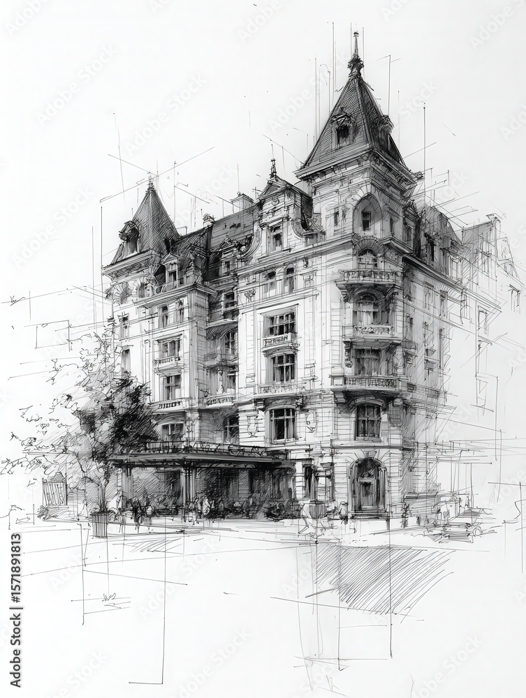 This artwork presents a meticulously detailed sketch of an elegant building in a lively city. The architectural features highlight intricate design elements and a lively street environment.