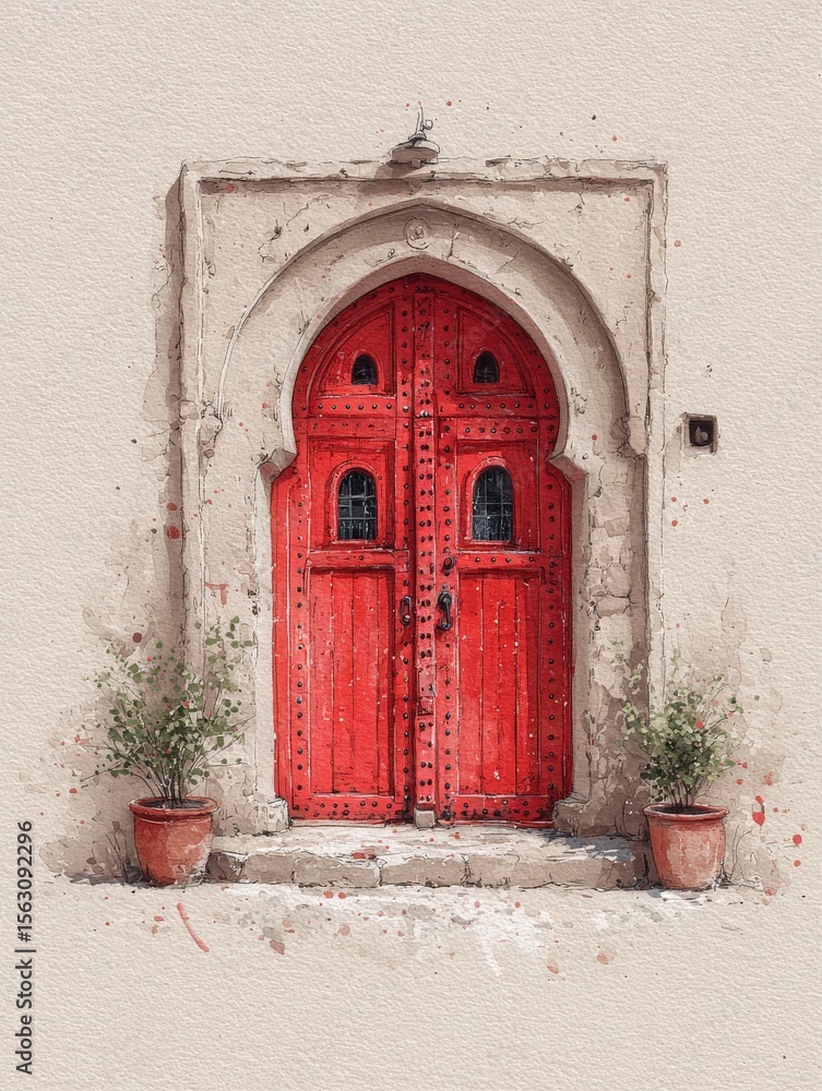 This captivating doorway features vibrant red wooden doors adorned with intricate carvings and metal accents. Flanking the door are potted plants, adding greenery to the tranquil scene.
