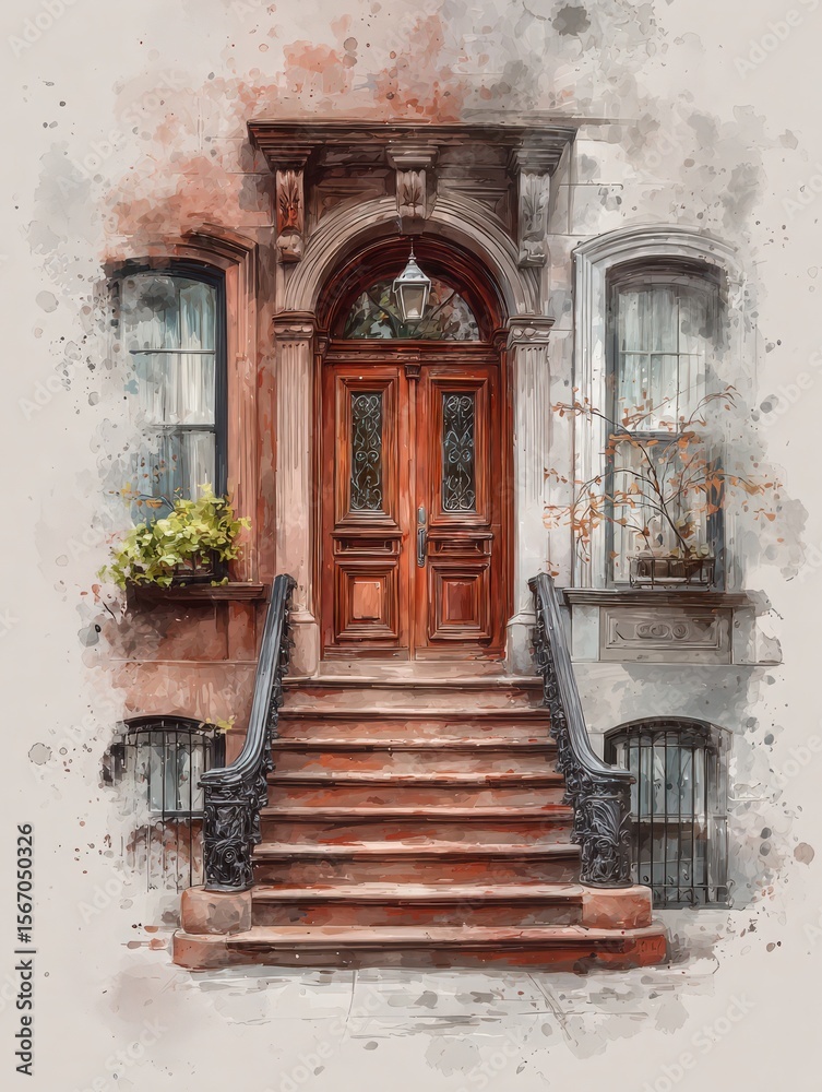 This charming brownstone features a grand entrance with double wooden doors and a decorative wrought-iron railing.