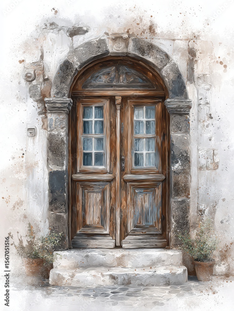 This charming entrance features a pair of wooden doors set within a beautifully crafted stone arch. A welcoming vibe is enhanced by potted plants flanking the stairs, perfect for inviting visitors.