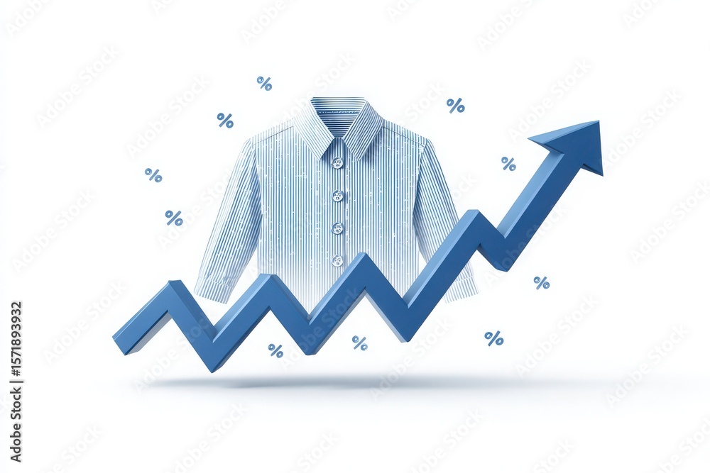 This design showcases a blue striped shirt alongside an ascending arrow, symbolizing growth in the fashion industry. Percent symbols enhance the theme of market performance and trends.