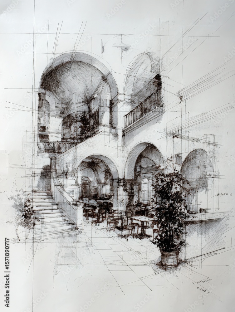 This detailed architectural drawing showcases a grand atrium featuring multiple arches, staircases, and lush indoor plants. Natural light pours in, enhancing the inviting atmosphere.