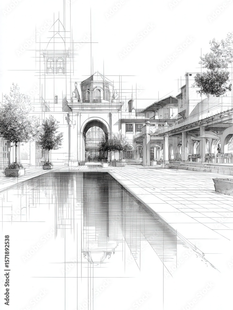 This detailed architectural sketch depicts a spacious plaza featuring a reflection pool, surrounded by elegant buildings and greenery. The design showcases intricate elements and a serene atmosphere.
