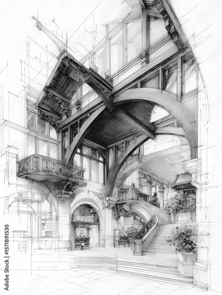 This detailed architectural sketch presents a grand interior space featuring elegant wooden beams, multiple balconies, and a sweeping staircase.