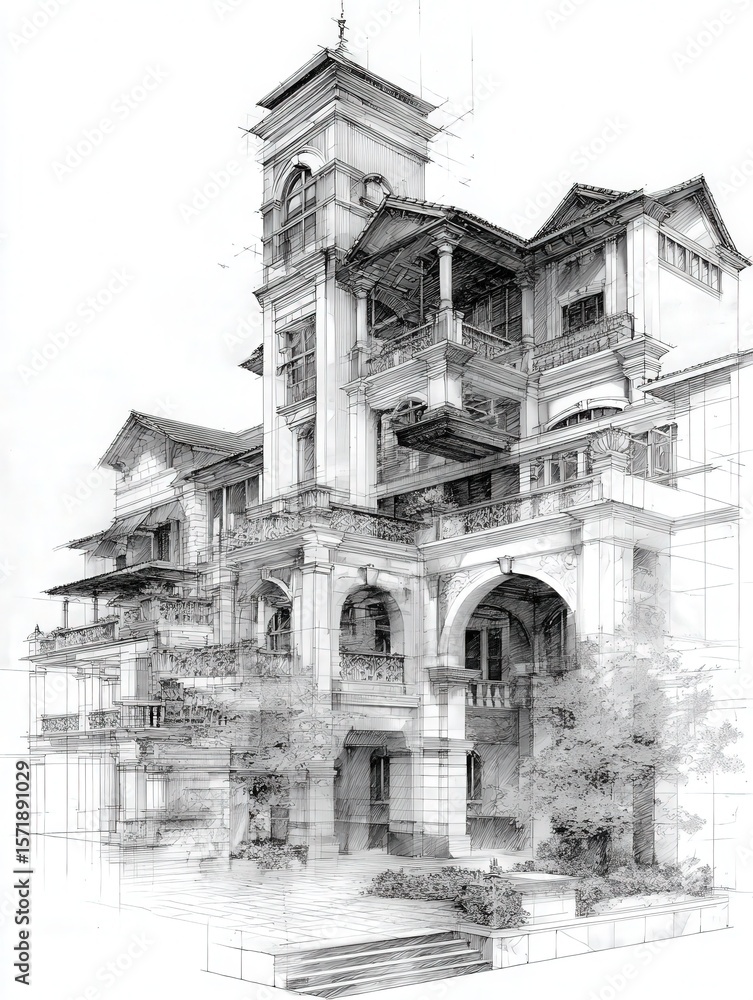 This detailed sketch showcases a grand building with multiple levels, balconies, and archways set in an urban landscape. Lush greenery surrounds the structure, enhancing its elegance.