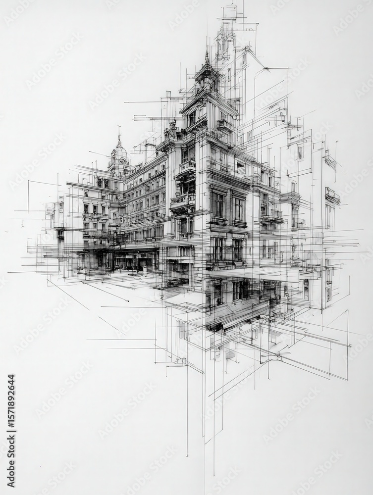 This detailed sketch showcases a historic building featuring ornate architecture intertwined with modern design elements.