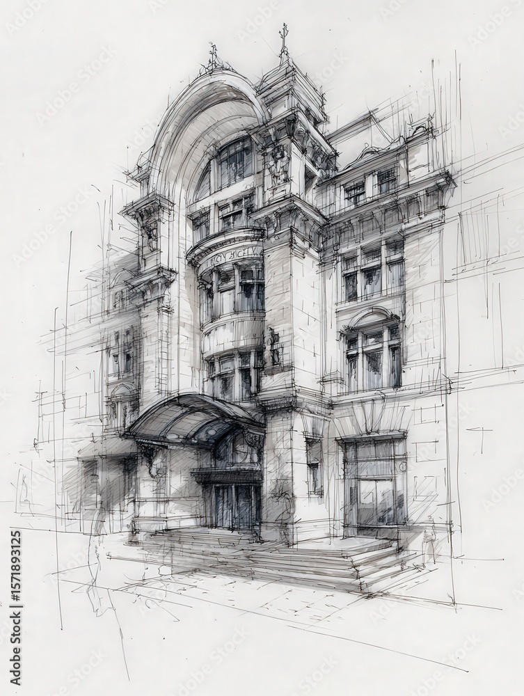 This detailed sketch showcases a historic theaters facade, featuring ornate elements and a grand entrance. The drawing emphasizes architectural beauty, highlighting its classic style.