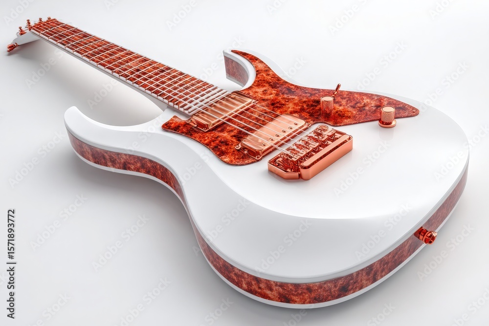 This electric guitar features a sleek white body with a striking red-orange design on the top. Its metallic hardware adds a contemporary touch, making it visually appealing and ready to play.