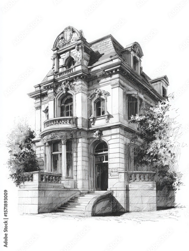 This grand mansion features ornate exterior designs and multiple windows, surrounded by lush greenery. The building showcases elegance and historical charm, amidst a peaceful urban environment.