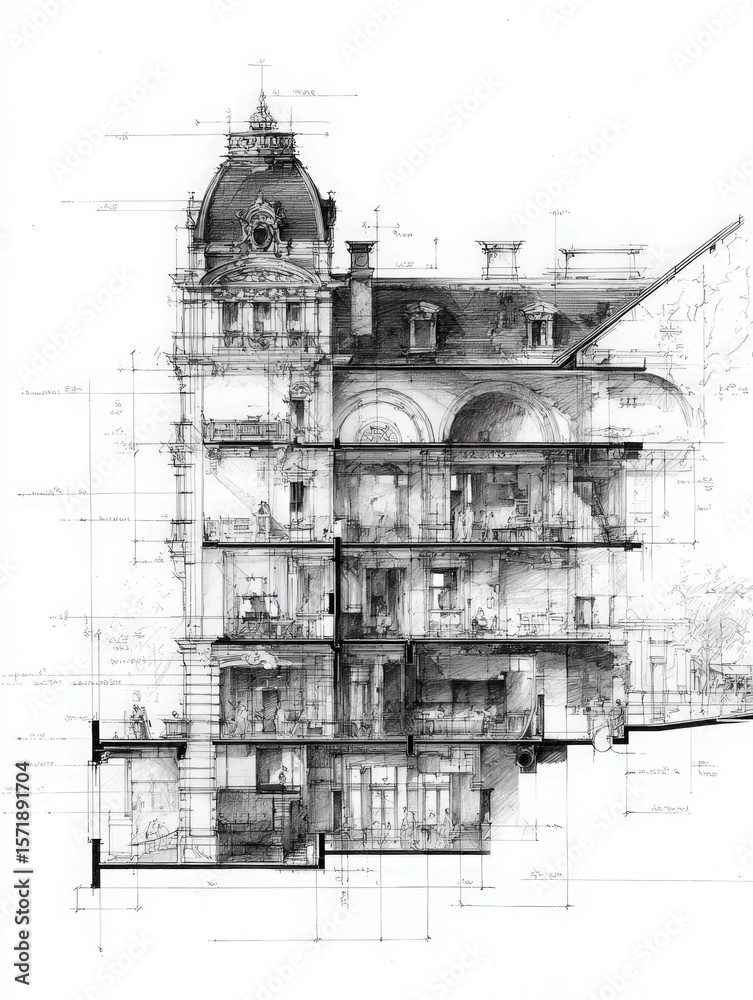 This illustration reveals a meticulous architectural cross-section of a grand historic building, highlighting various interior spaces and structural details.