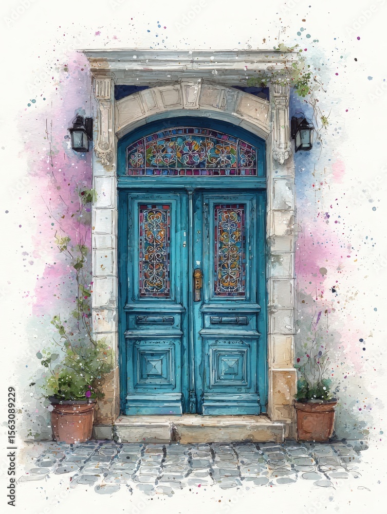 This picturesque blue door showcases intricate designs and leads to a welcoming entryway. Flanked by potted plants, it is set against a soft, gentle background, evoking a peaceful atmosphere.