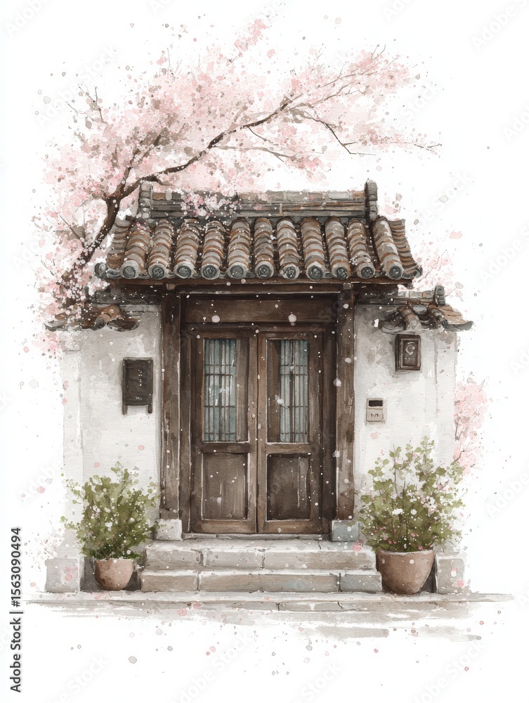 This quaint traditional house features a wooden door and tiled roof amidst blooming cherry blossoms. Lush pots flank the entrance, creating a peaceful, inviting atmosphere in spring.