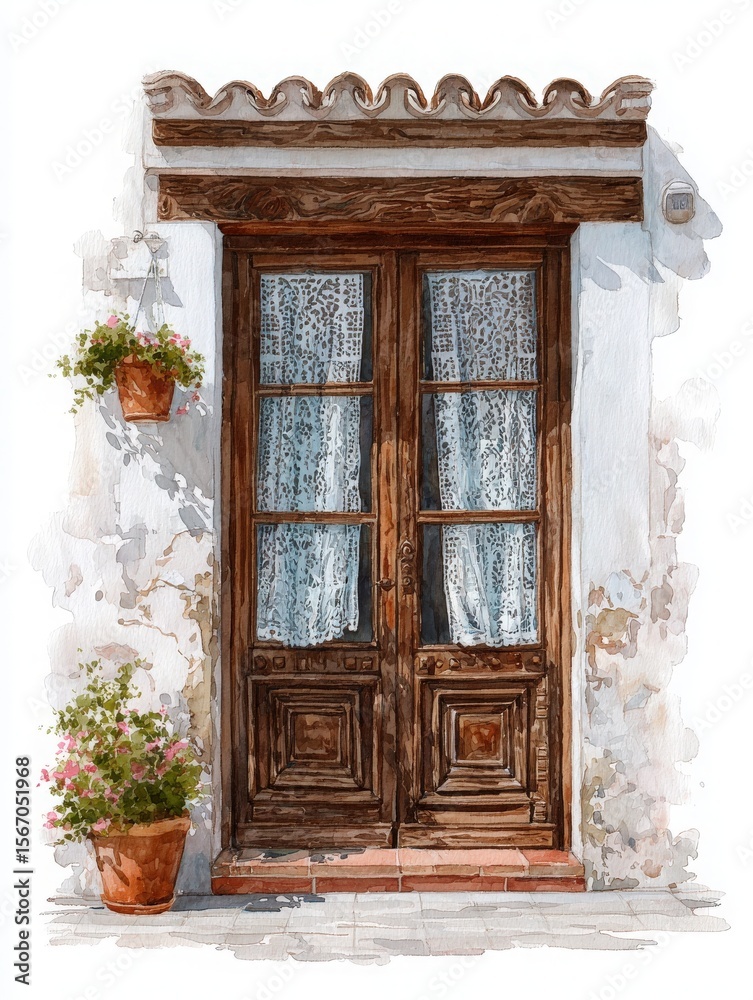 This quaint wooden door features lace curtains, surrounded by pots of blooming flowers. The rustic wall adds warmth, showcasing an inviting entrance in a peaceful atmosphere.