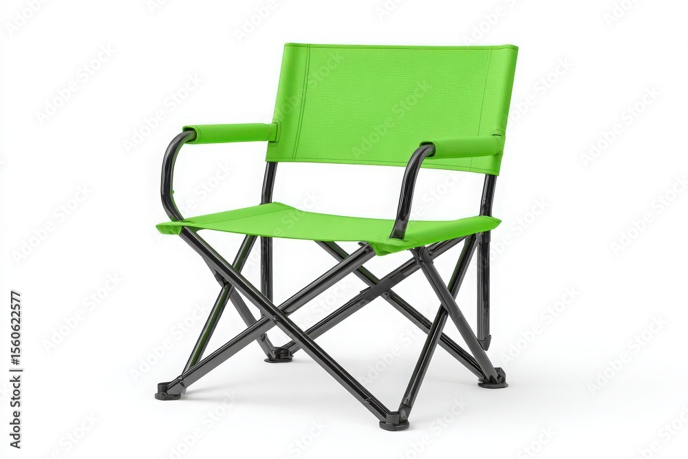 This vibrant green folding chair features a sturdy black metal frame, ideal for outdoor activities like camping, picnics, or relaxing by the beach. Lightweight and easy to transport.