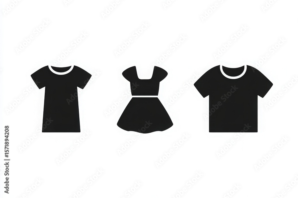 Three silhouettes of clothing designs are displayed, featuring a t-shirt on the left, a dress in the middle, and another t-shirt on the right.