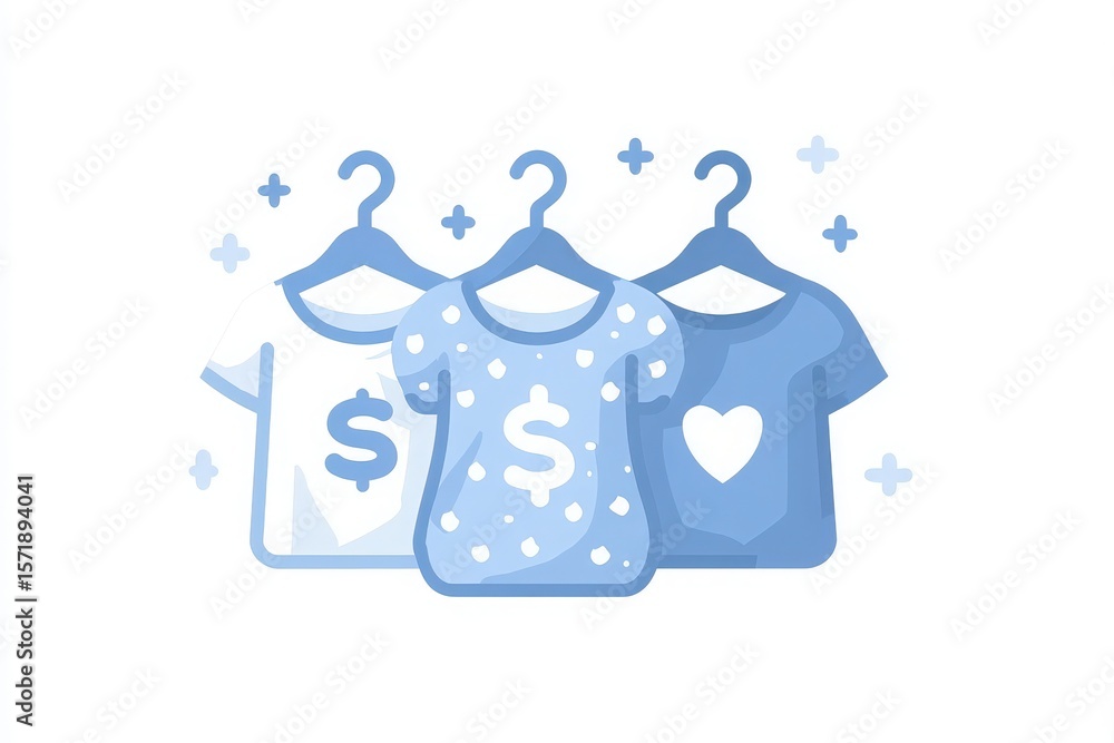 Three t-shirts hanging on hooks feature playful designs including dollar signs and heart shapes. The background has light blue accents, creating a cheerful shopping atmosphere.