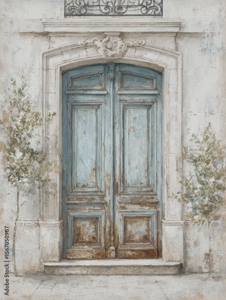 Two aged blue doors stand prominently against a weathered wall, framed by delicate potted plants. The rustic charm and texture invite exploration and convey a sense of history.