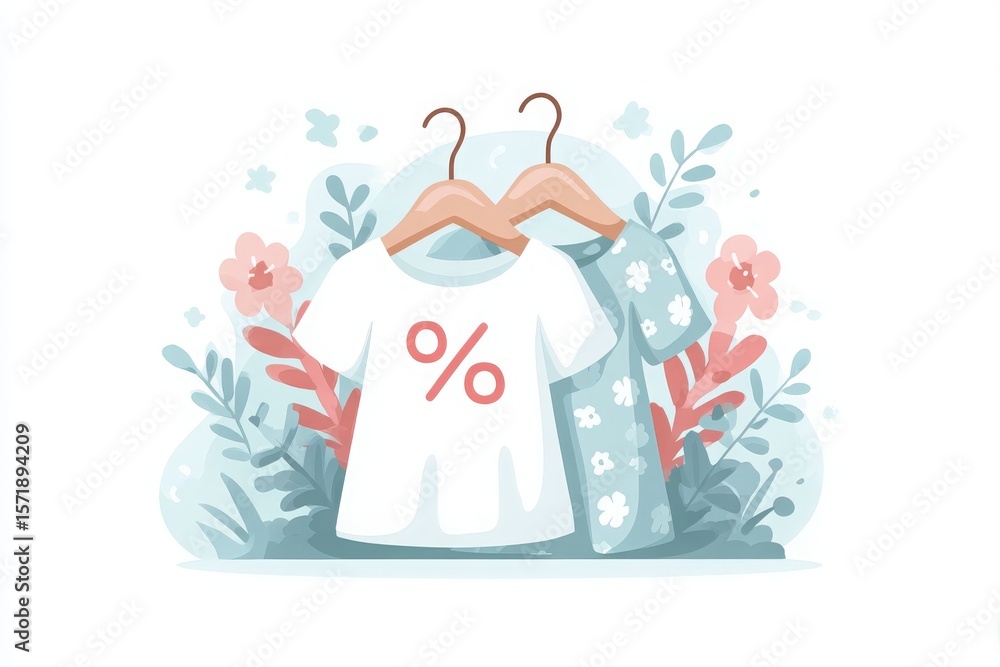 Two clothing items hang on wooden hangers against a light floral background. One shirt features a discount symbol, while the other has a floral pattern. A pleasant ambiance surrounds them.
