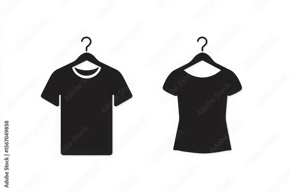 Two clothing silhouettes, a t-shirt and a blouse, hang on hooks. The minimalist design emphasizes their shapes against a neutral background, highlighting casual and stylish outfits.