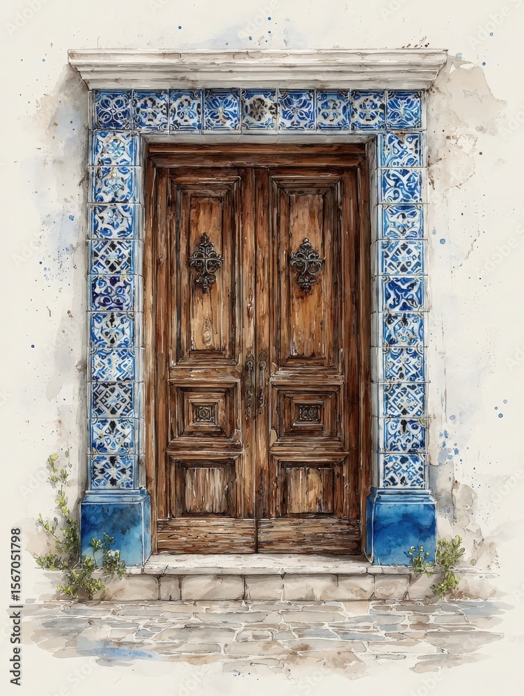 Two rustic wooden doors invite exploration, surrounded by stunning blue tiles.