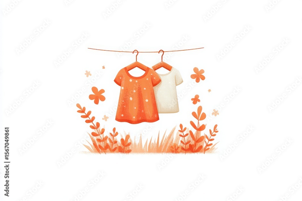 Two shirts, one orange with white dots and one white, hang on a clothesline surrounded by vibrant flowers and soft greenery. This cheerful setting evokes a breezy summer day.