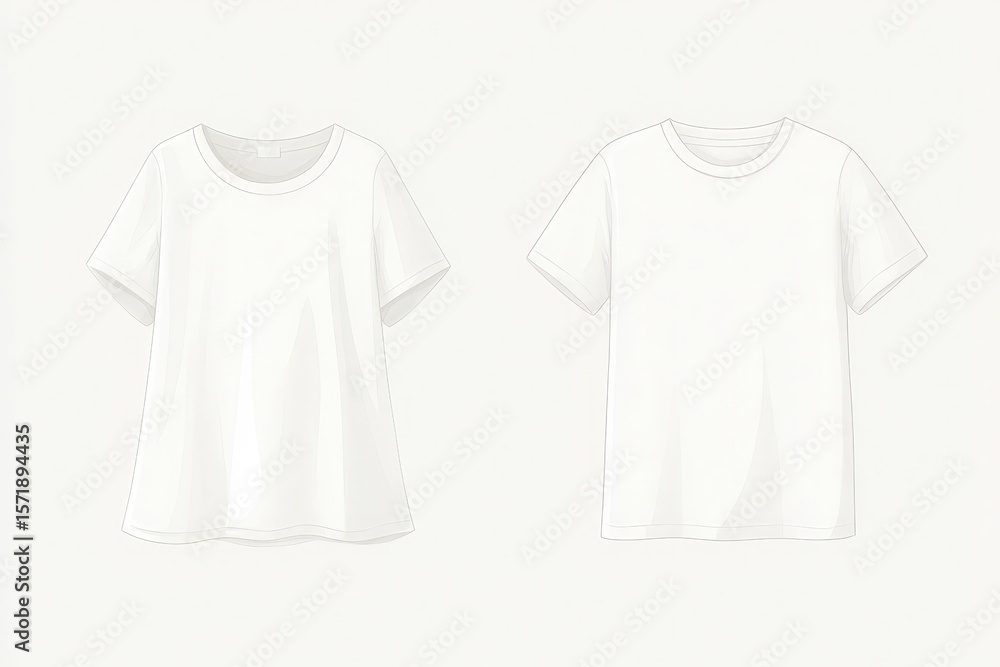 Two styles of white t-shirts are displayed, showcasing a loose-fit short-sleeve option on the left and a classic short-sleeve style on the right. Both are minimal and versatile.