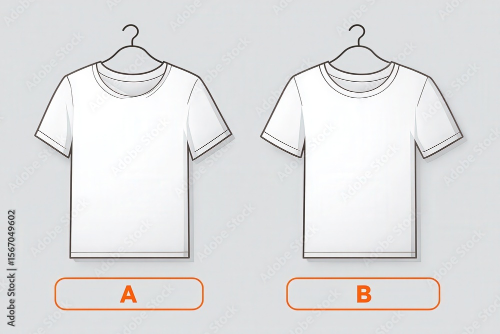 Two t-shirts hang on display, one with a round neck and short sleeves, the other featuring a more fitted design. The products are shown against a simple gray background, highlighting their shapes.