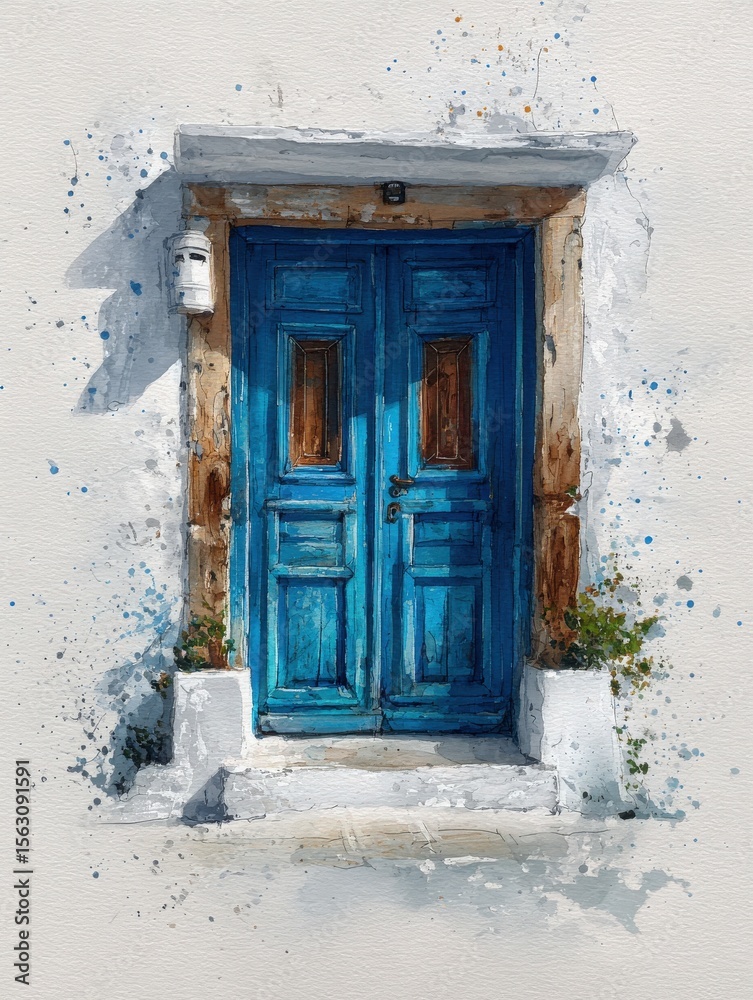 Two vibrant blue wooden doors with wooden panels sit under a white wall. A small plant adorns the bottom, creating a welcoming atmosphere. This setting evokes a sense of tranquility and charm.