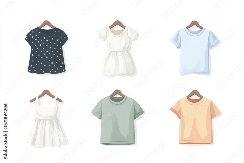 Various casual tops are arranged neatly on wooden hangers against a plain backdrop.