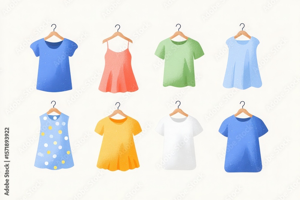 Various casual womens tops in different colors and styles are hanging on wooden hangers against a light background. The garments showcase a mix of patterns and solid colors.