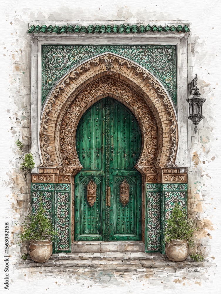 Vibrant green doors framed by an intricately designed arch showcase traditional Moroccan artistry. Potted plants add greenery to the quaint setting, enhancing the stunning architectural details.