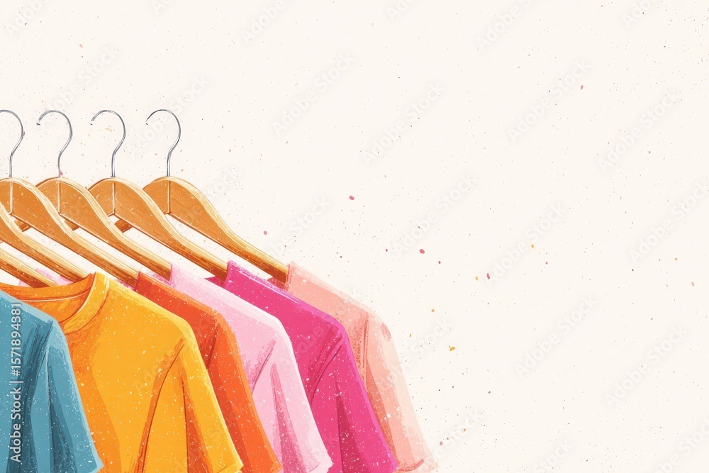 Vibrant t-shirts in various colors are neatly hung on wooden hangers. The background features a subtle texture, highlighting the bright apparel. This display showcases a variety of fashion choices.