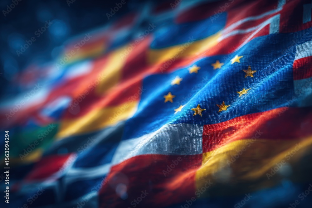 Vivid flags of various European nations wave together, symbolizing unity and diversity at a cultural gathering. The bright colors create a festive atmosphere under soft lighting.