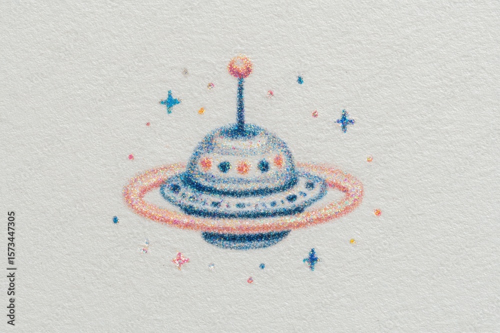 Whimsical design features a colorful spaceship with a prominent ring and scattered stars around it. The artwork showcases a playful blend of colors, creating a vibrant cosmic scene.