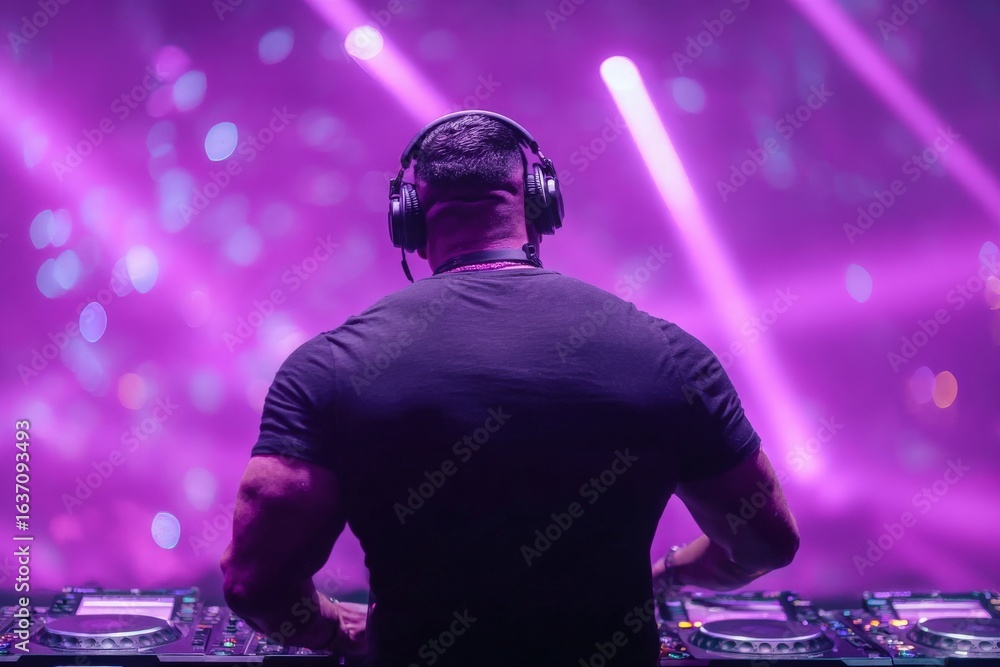 A DJ stands focused at the turntables during an electrifying music festival. Bright purple lights pulse around him as the crowd dances, creating an electrifying atmosphere.