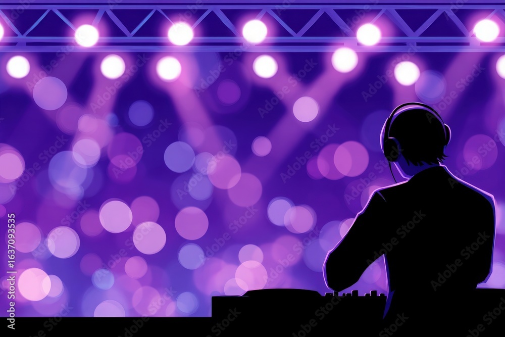 A DJ stands focused behind a turntable, immersed in mixing music. Colorful lights illuminate the energetic venue, creating a vibrant and lively atmosphere filled with excitement.