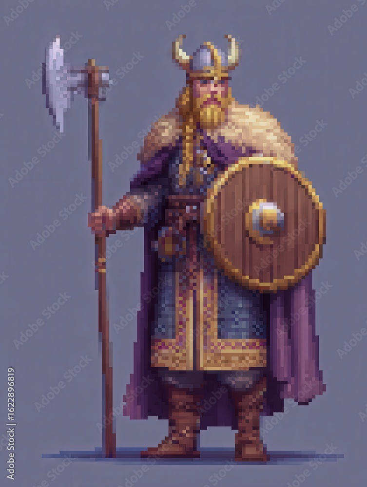 A Viking warrior is depicted holding a large axe while wearing a horned helmet and a cloak. He stands firmly with a wooden shield, showcasing intricate armor details in pixel art style.
