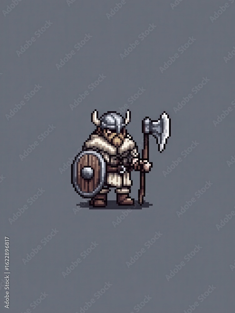 A Viking warrior stands confidently, grasping an axe in one hand and a shield in the other. Clad in fur and armor, this pixel art character showcases a fierce design typical of fantasy settings.