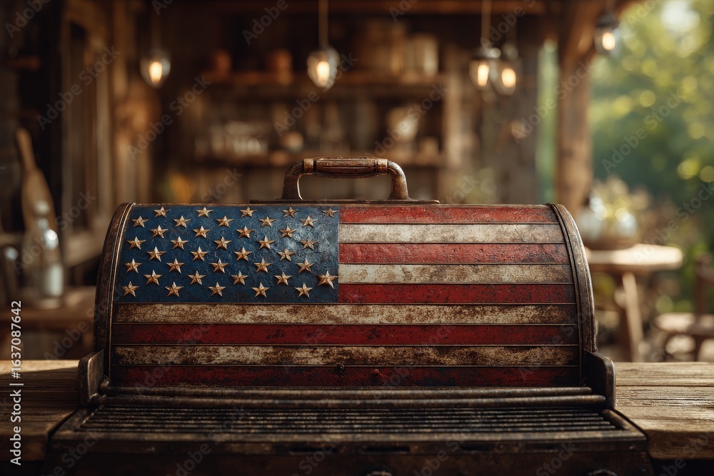 A barbecue grill displays a weathered American flag design, situated in a rustic outdoor space filled with soft natural light. The warm wooden surroundings enhance the relaxed atmosphere.
