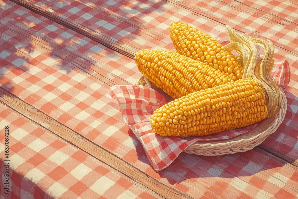 A basket filled with bright yellow corn sits on a rustic picnic table. The table is dressed in a red and white checkered cloth, creating a cozy outdoor atmosphere perfect for summer gatherings.