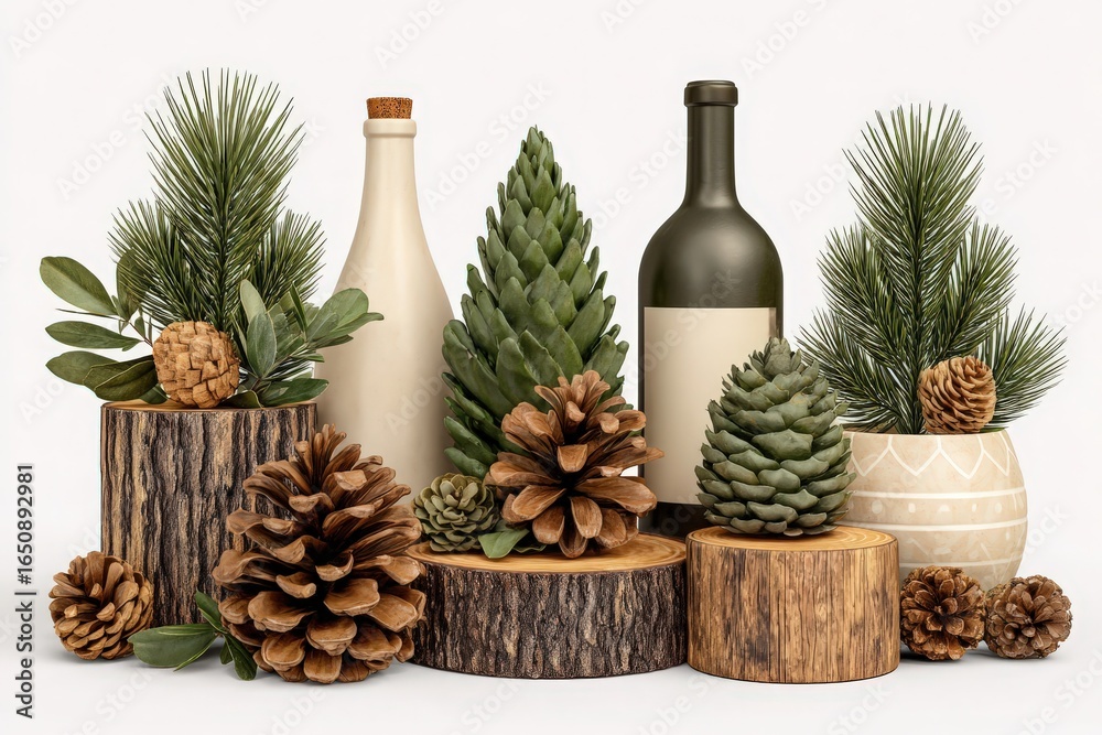 A beautiful arrangement of pinecones, decorative bottles, and evergreen plants showcases natures beauty. The display features wooden stumps, adding an earthy charm perfect for holiday festivities.