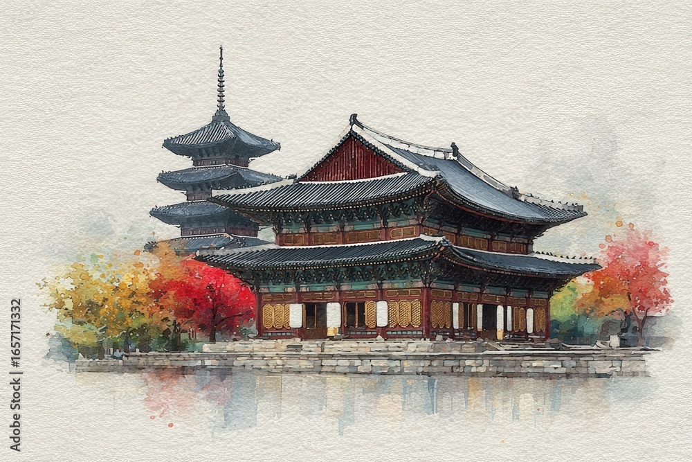 A beautiful representation of traditional Korean architecture stands majestically by calm waters, framed by vibrant autumn foliage. The colorful trees enhance the tranquil ambiance.