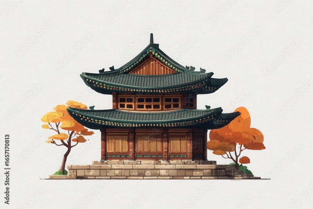 A beautifully crafted traditional Asian building stands prominently, featuring ornate rooflines and wooden panels. Surrounding trees with golden leaves enhance the autumn atmosphere.