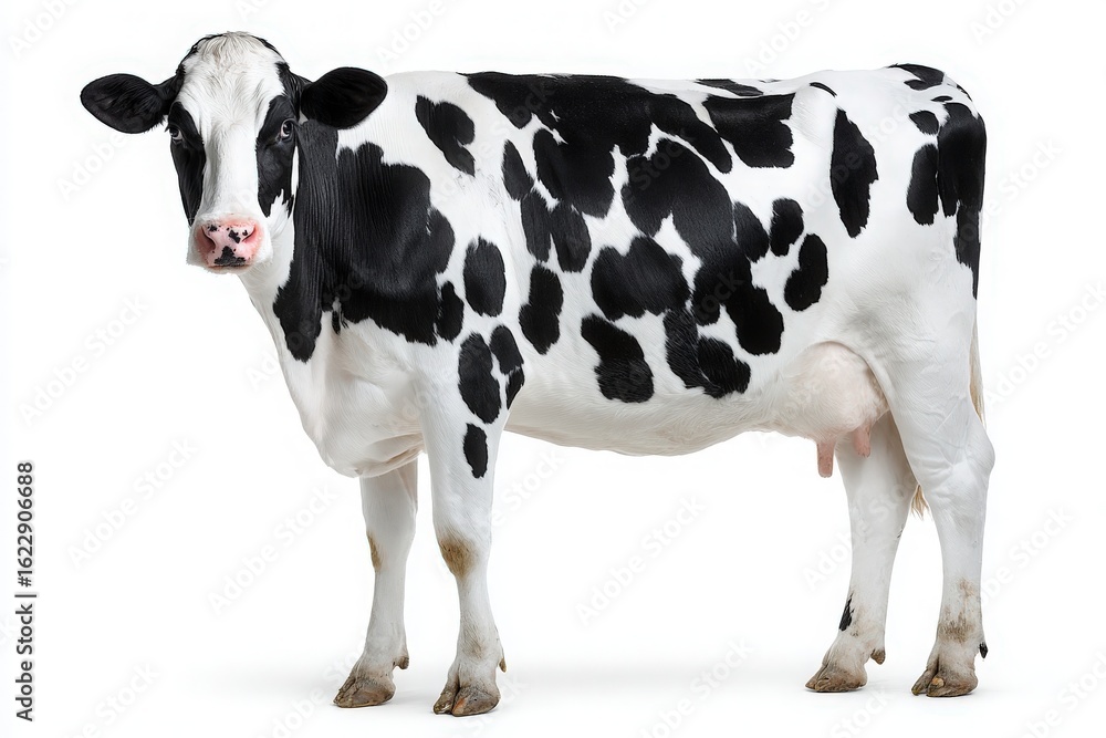 A black and white dairy cow stands calmly on a white background, showcasing its distinct markings and healthy appearance, ideal for agricultural contexts or farm-related content.