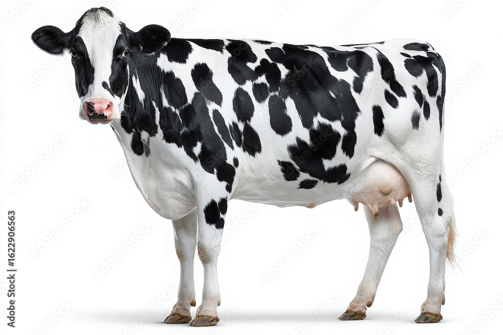 A black and white dairy cow stands poised, showcasing its distinct spotted pattern. The cow appears healthy and alert, with a gentle expression. The background is a plain white surface.