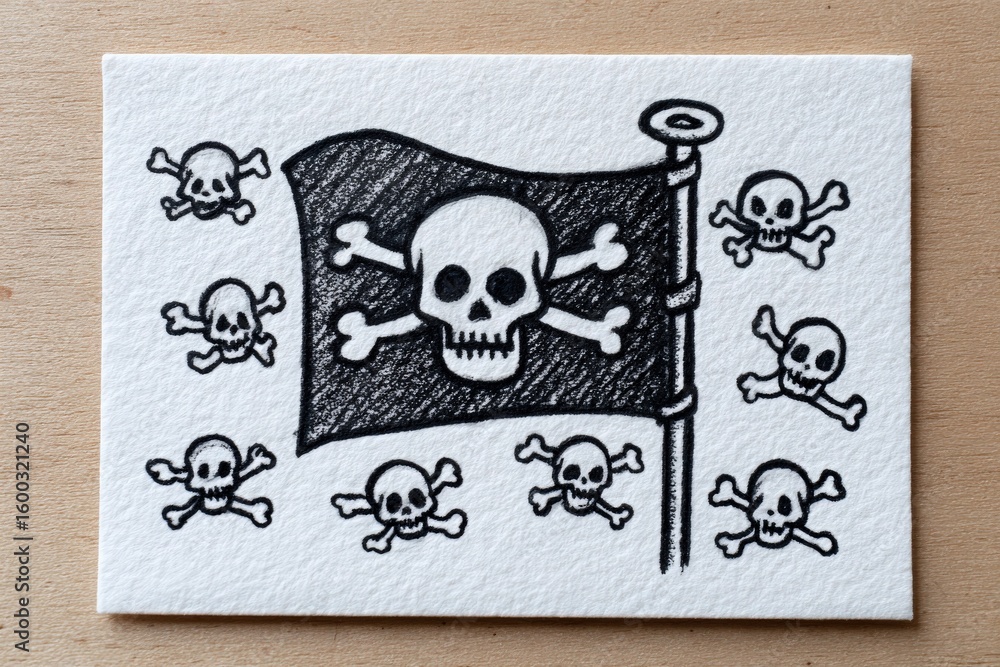 A black flag adorned with a central skull and crossbones symbol is surrounded by smaller skull designs. The artwork has a hand-drawn style on a textured light background.