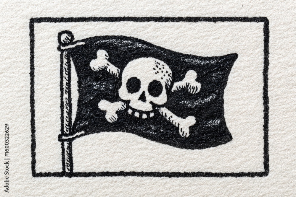 A black flag with a skull and crossbones design is raised on a pole. The flag appears textured and is placed against a simple, light-colored background, conveying a classic pirate theme.