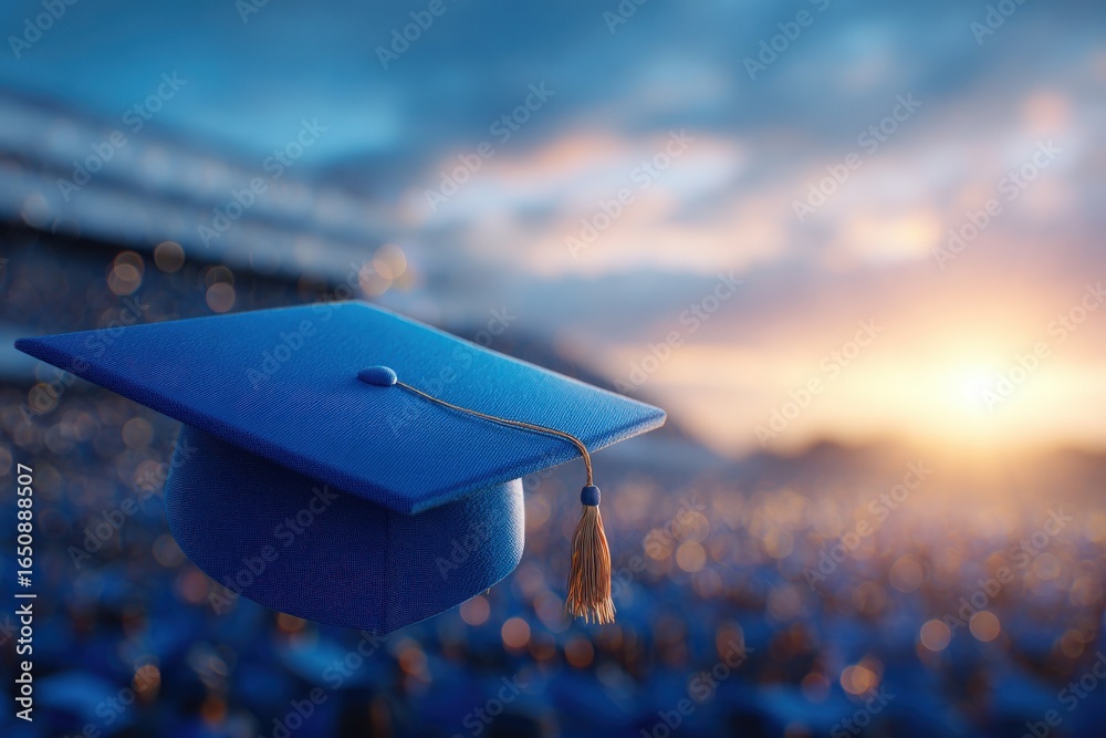 A blue graduation cap hovers in the air during a ceremony as the sun sets in the background, illuminating a cheering crowd of graduates. The atmosphere is filled with joy and accomplishment.