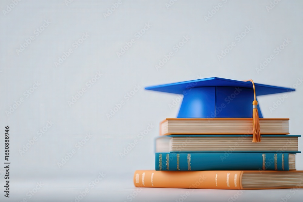 A blue graduation cap sits atop a stack of colorful books, symbolizing academic success and the journey of education. The clean background emphasizes the importance of knowledge and learning.