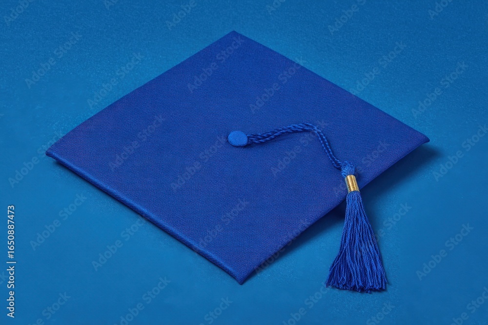 A blue graduation cap with a tassel sits neatly on a solid blue background, symbolizing academic achievement and upcoming celebrations for graduates.